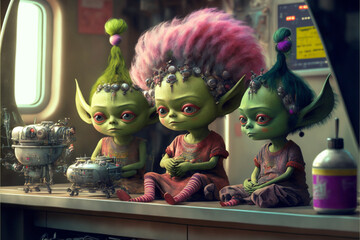 Cute little alien monsters with fantastic hair in a hairdressing saloon. Moody monsters waiting for a haircut, after the haircut. Generative AI illustrations