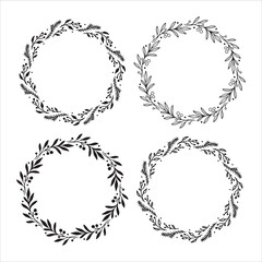 Set of 4 hand drawn Christmas wreaths. Round floral frames for invitations, posters, greeting cards, web, frame art.