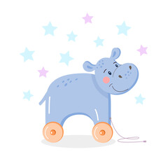 Wooden violet hippo on wheels on  white isolated background. Cute toy for kids. Vector children's illustration of an African animal with stars in cartoon style.