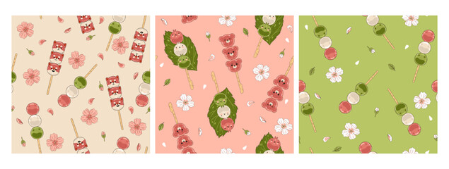 Set of seamless patterns with Japanese dango dessert. Vector graphics.