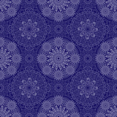 
Seamless floral pattern-195. Damask style pattern, white mandalas, blue background.