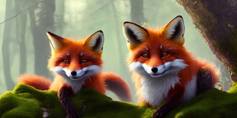 Fototapeta premium A pair of red fox on top of a field of green moss