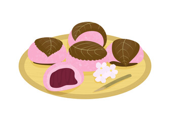 Sakura Mochi and sakura flowers on wooden plate vector illustration isolated on transparent background. Kansai style Japanese dessert. Rice balls wrapped in cherry leaves