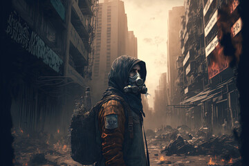 Stranger in post apocalypses city - obrazy, fototapety, plakaty