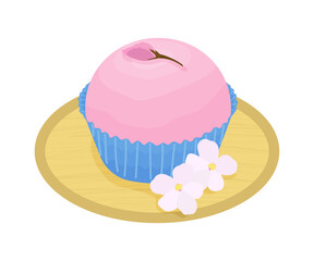 Pink Mochi decorated with sakura flowers vector illustration isolated on transparent background. Rice cake on round wooden plate. Flat cartoon style