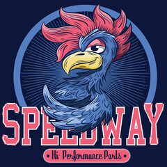 Illustration Rooster With text Speedway. Racing Team, College Style, Cool Colors.