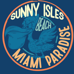 Illustration Cool Pelican with text Miami Paradise and gradient, Fashion spring summer style.