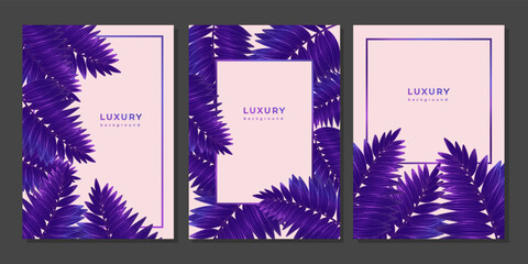 Set of luxury golden purple templates with tropical plants. Linear fern branches, palm leaves. Poster with leaf with veins on pink background. Magical glittering plants. Wedding invitation