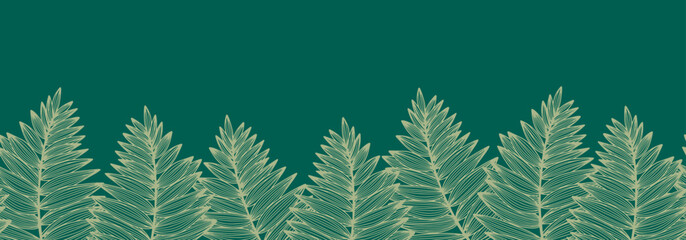 Fototapeta na wymiar Seamless tropical border with fern leaves. Forest with christmas trees. Linear plants on green background. Line art pattern. Vector illustration