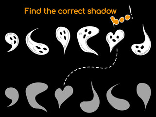 Find the correct shadow. Kids educational game. Cute Halloween ghosts of different shapes isolated on black background. Vector illustration in flat cartoon style for childrens books and magazines