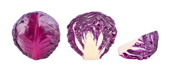 Whole and slices red cabbage isolated on white background