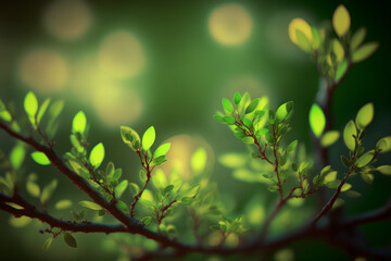illustration of green forest leaves branch backlight against sunlight , selective focus	
