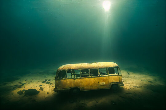 Derelict school bus visible at the bottom of a body of water, likely caused by a road accident, illuminated by sun rays from the surface. Make a statement with this compelling scene.
