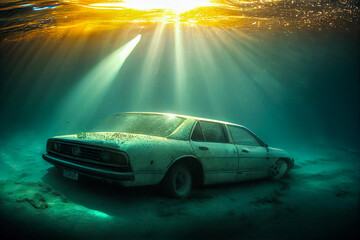 Obraz na płótnie Canvas A vintage vehicle submerged in the depths of the ocean, illuminated by sunlight. A perfect image to highlight a menacing structure below the surface.