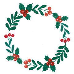 Colored pencil drawing of Christmas wreath with holly berry mistletoe. Winter foliage. Simple round festive holiday floral frame