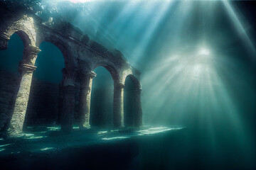 Underwater archaeological remains illuminated by the sun: ancient columns and ancient walls. Topic discussing ancient civilizations and underwater archaeology.