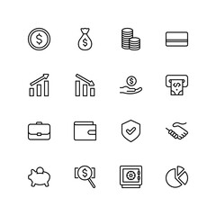 Set of 16 finance vector thin line icons, collection of vector buttons illustration.