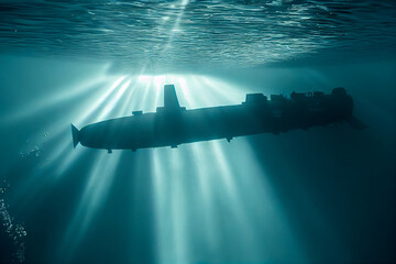 Illuminating the depths of the ocean, a mysterious submarine silhouette delivers an imposing sense of military power. Sunlight beams reveal its captivating presence.