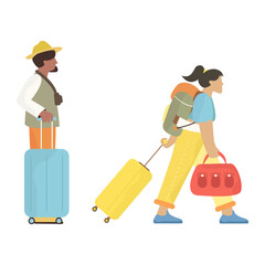 illustration of traveling people with accessories, cameras and suitcases