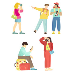 illustration of traveling people with accessories, cameras and suitcases
