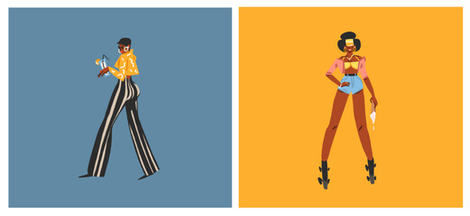Hand drawn vector abstract modern graphic illustrations characters collection set of young women on disco party and rollerblading ,90s elements. African american concept. Cartoon character design .