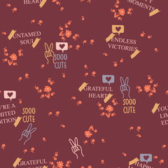 Naklejka premium Spring, summer, conversational, seamless pattern print with doodle flowers, floral print and tags, positive quotes and slogans for fabric, thanksgiving, christmas, textile, tshirt, and wrapping