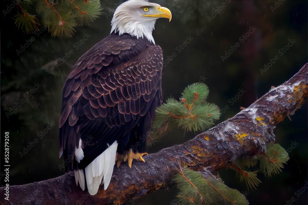 Poster a bald eagle perched on a tree branch in a forest with pine needles and pine needles in the backgrou