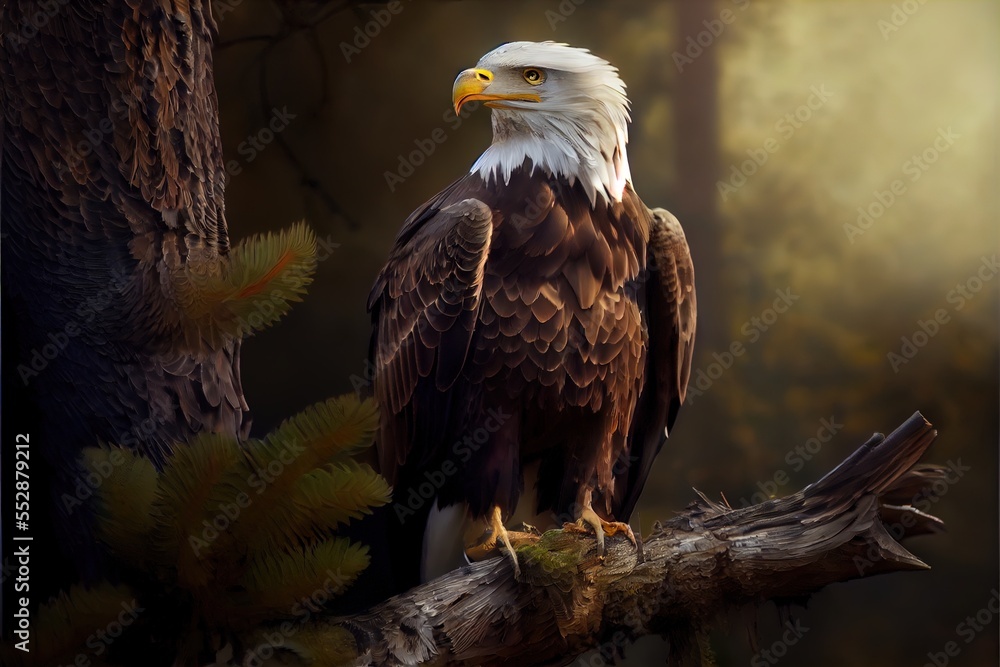 Poster  a bald eagle perched on a tree branch in a forest with pine needles and a fern in the foreground. Generative AI