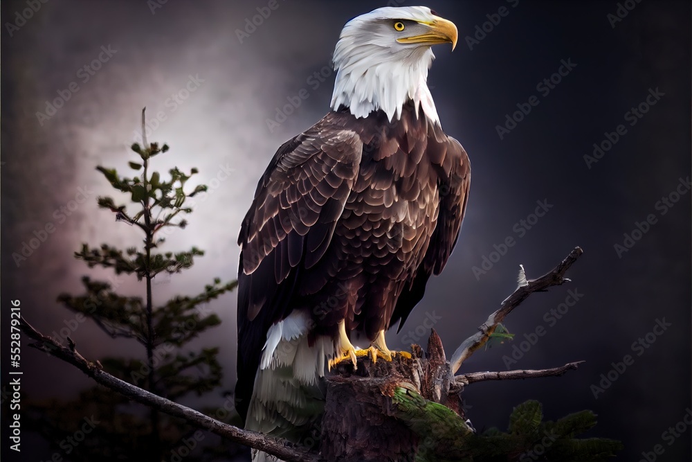 Poster a bald eagle perched on a tree branch with a dark background and a pine tree in the foreground. gene
