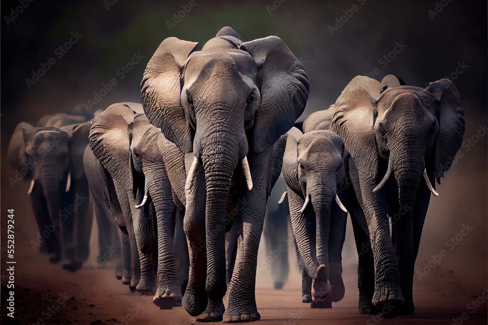 Poster a herd of elephants walking down a dirt road with trees in the background and fog in the air behind 