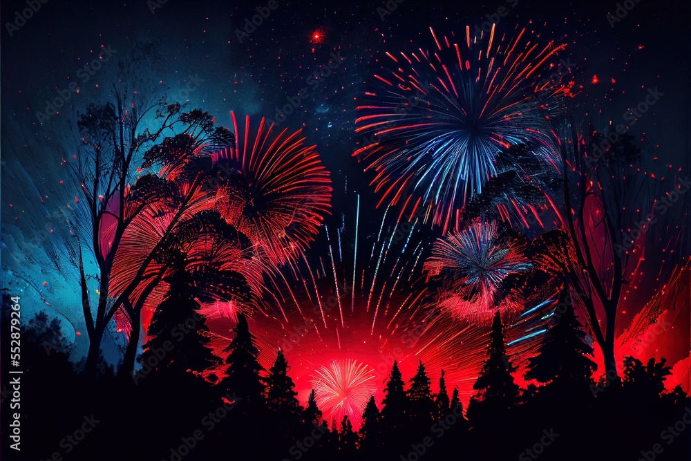 Poster a fireworks display with trees and a sky filled with stars and fireworks in the background. generati
