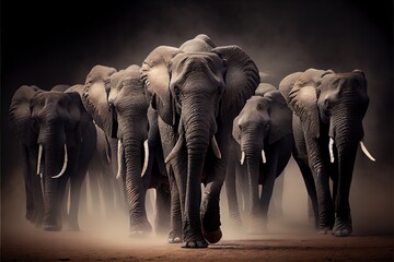  a herd of elephants walking down a dusty road in the dark with dust coming from the back of them. Generative AI - obrazy, fototapety, plakaty