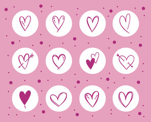 Collection of vector social media icons with hearts for Valentine's Day