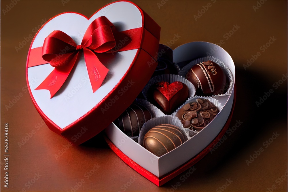 Aufkleber a heart shaped box of chocolates with a red bow on top of it. generative ai