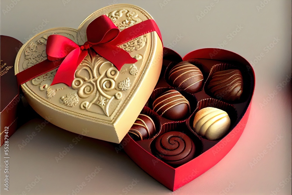 Poster a heart shaped box of chocolates with a red bow on top of it and a heart shaped box of chocolates. g