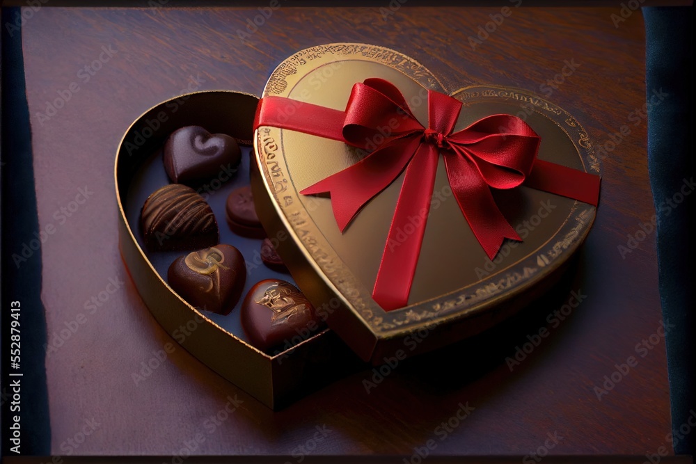 Poster a heart shaped box of chocolates with a red bow on top of it on a table top with a wooden surface. g