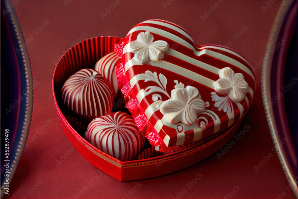Aufkleber a heart shaped box filled with red and white candys on a red tablecloth with a red and white border.
