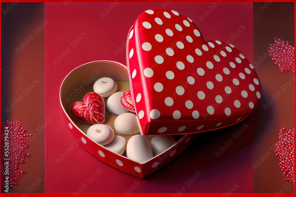 Aufkleber a heart shaped box filled with chocolates on a red tablecloth with hearts around it and a red box wi