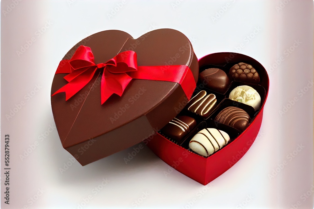 Poster a heart shaped box of chocolates with a bow on top of it. generative ai
