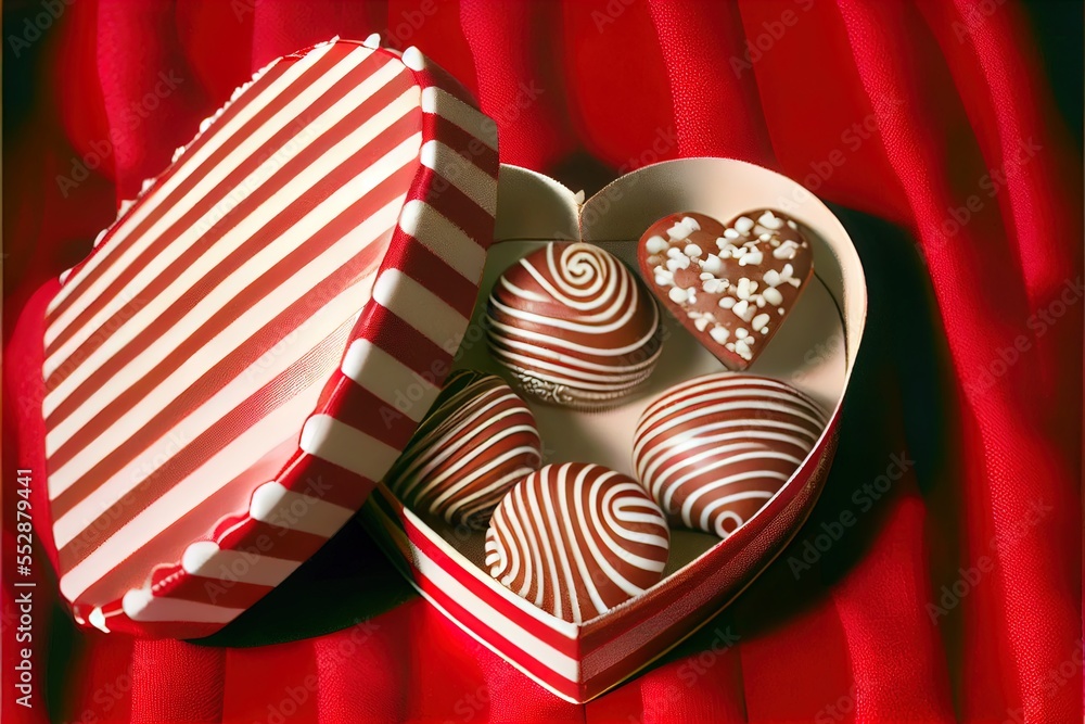 Poster a heart shaped box of chocolates with a heart shaped box of candy on a red cloth background with a r