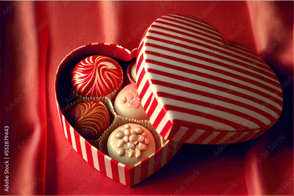Poster a heart shaped box filled with assorted chocolates on a red cloth background with a red and white st