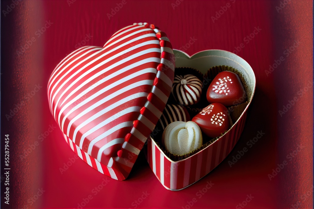 Poster a heart shaped box filled with chocolates on a red surface with a red border around it and a red and