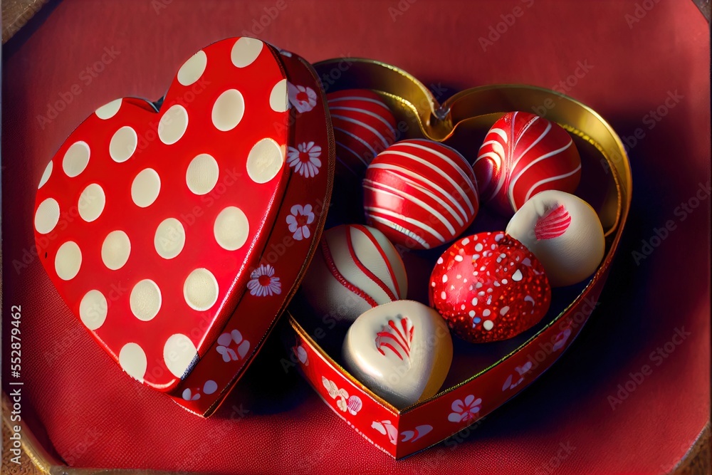 Aufkleber a heart shaped box filled with chocolates on a table top next to a heart shaped box of chocolates. g