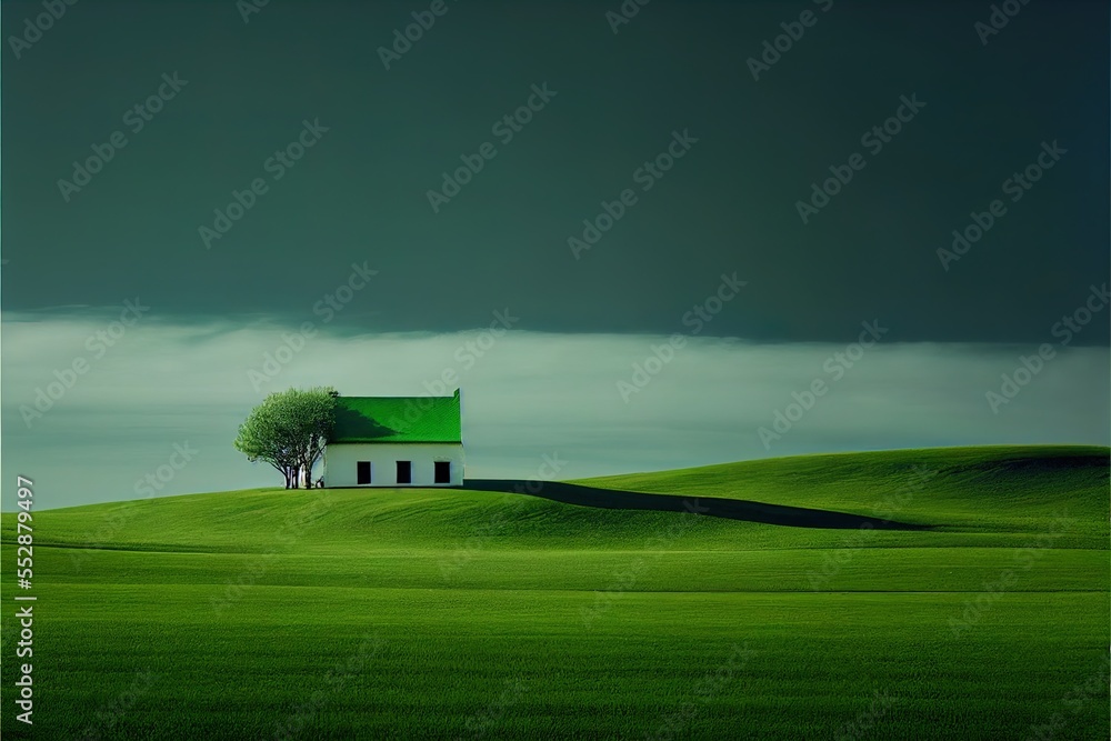 Poster a house on a hill with a tree in the foreground and a dark sky in the background with clouds. genera