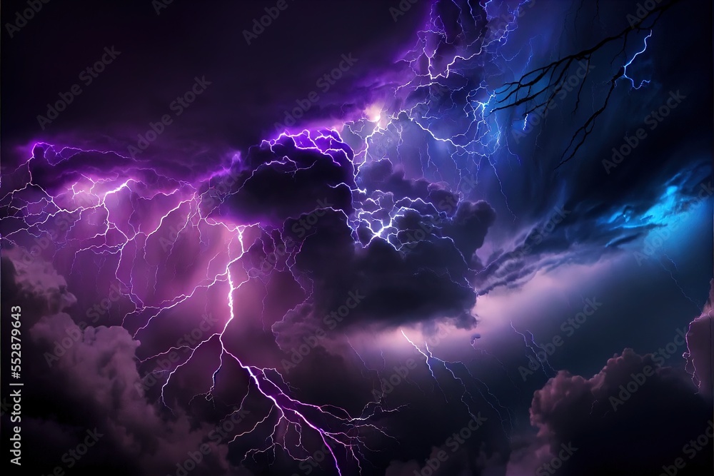 Poster a purple and blue sky with a lot of lightning in it and some clouds in the background with a black s