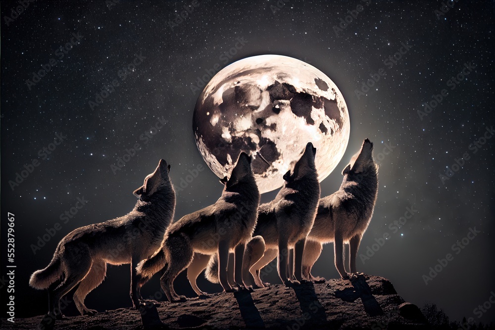 Poster a group of wolfs standing on a hill with the moon in the background and stars in the sky. generative