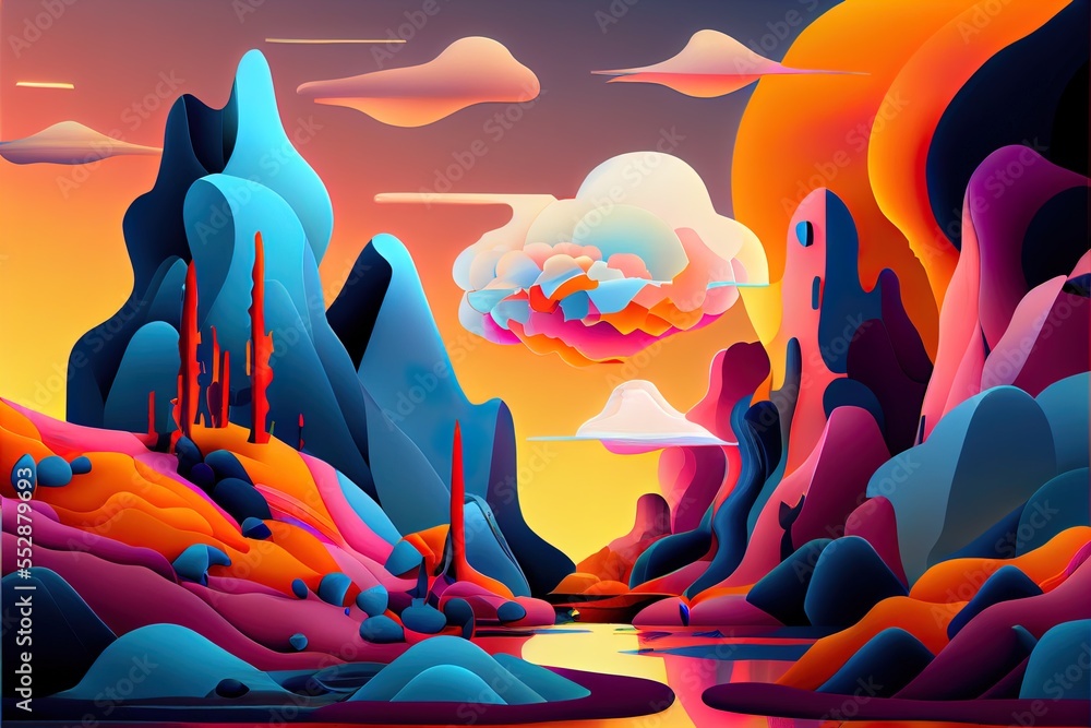 Poster a painting of a landscape with mountains and a river in the foreground and a sky with clouds in the 