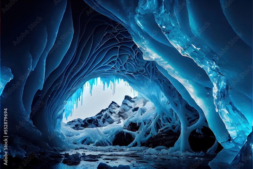 Poster a large ice cave with a mountain in the background and water in the foreground and ice formations on