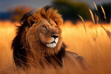  a lion is sitting in a field of tall grass with his eyes open and his head turned to the side. Generative AI