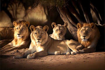  three lions laying down in the shade of a tree in a zoo setting with a dark background and a few trees. generative ai